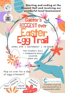 Easter Trail poster with colourful spring flowers and blue rabbit with event details: Saturday April 4th, 10:30am.