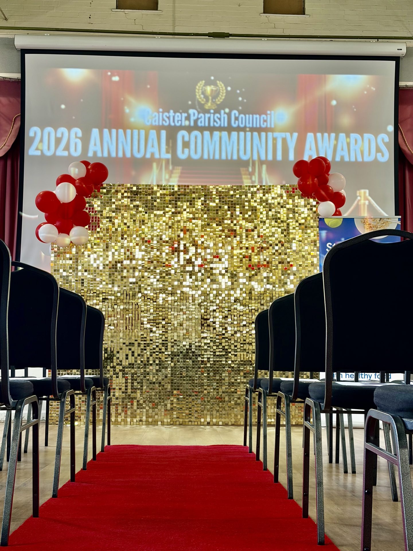 A photograph from the back of the room showing the red carpet, aisle chairs, shimmer wall and projector screen before guests arrived.